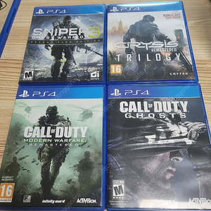 PS4 스나이퍼3 고스트워리어, 콜오브듀티 모던 워페어 리마스터, 크라이시스 리마스터, 콜오브듀티 고스트 (북미판) 일괄로 팝니다!