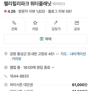 웰리힐리파크 워터플래닛 종일권 1매 및 기타이용권