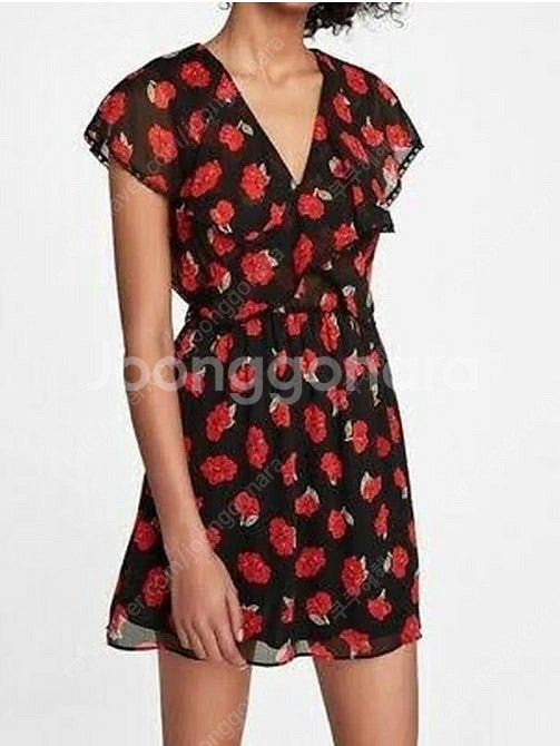 자라 여성미니원피스 블랙 레드 플라워 프릴 77 쉬폰 ...--0