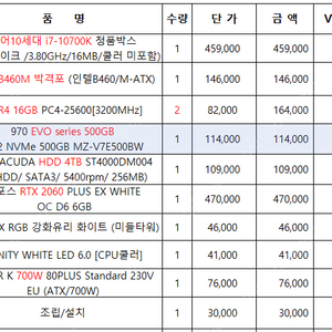 i7-10700k, RTX 2060, SSD 500, HDD 4TB, DDR4 16*2 등 현역 상급 본체 판매