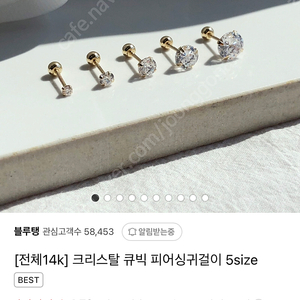 블루탱 14k 2mm 크리스탈 피어씽 한쌍