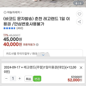 레고랜드 9월 17일 이용권 1매 (성인)