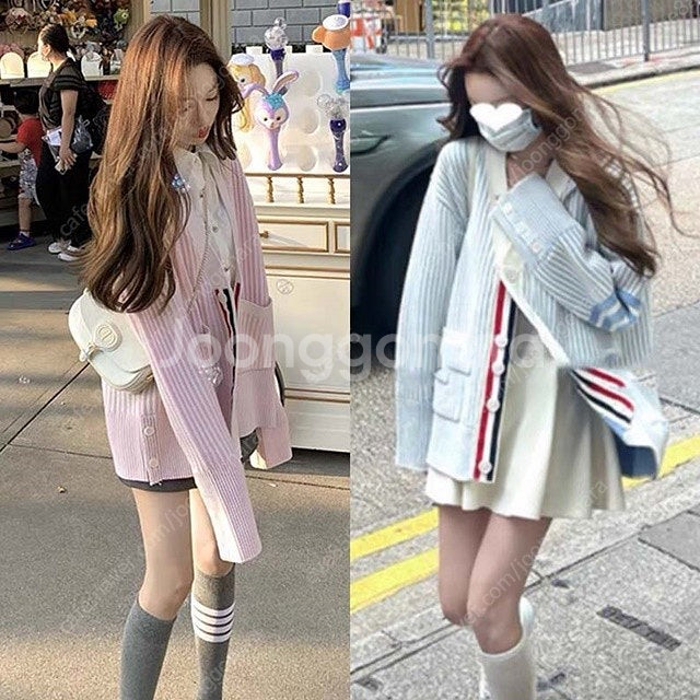 톰브라운 사선 브이넥 여성 니트 가디건 2칼라--1