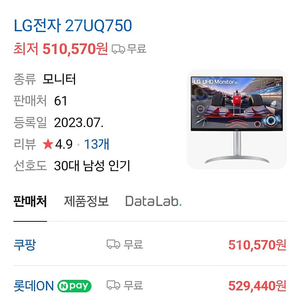 [미개봉][39만]LG 게이밍모니터 27인치 4K UHD 144hz 27UQ750