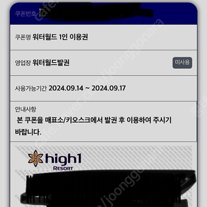 하이원 워터파크 3장 대인, 9월 17일 까지만 사용