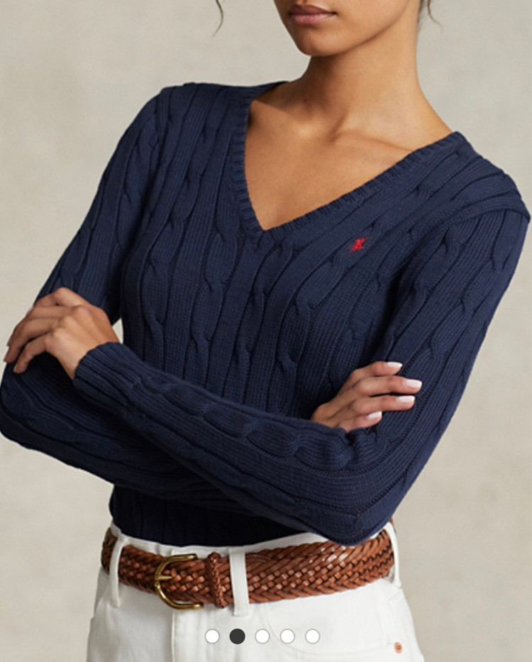 폴로 랄프 로렌 여성 케이블 니트 코튼 브이넥 스웨터 이미지