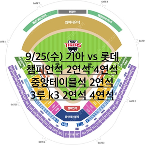 9/25(수) 기아타이거즈 챔피언석 중앙테이블석 2연석 기아 롯데