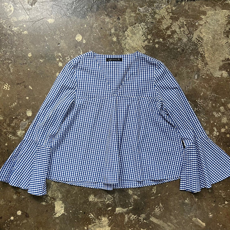 m) ZARA 자라 퍼프소매 깅엄체크 블라우스 셔츠 cos 아르켓--2