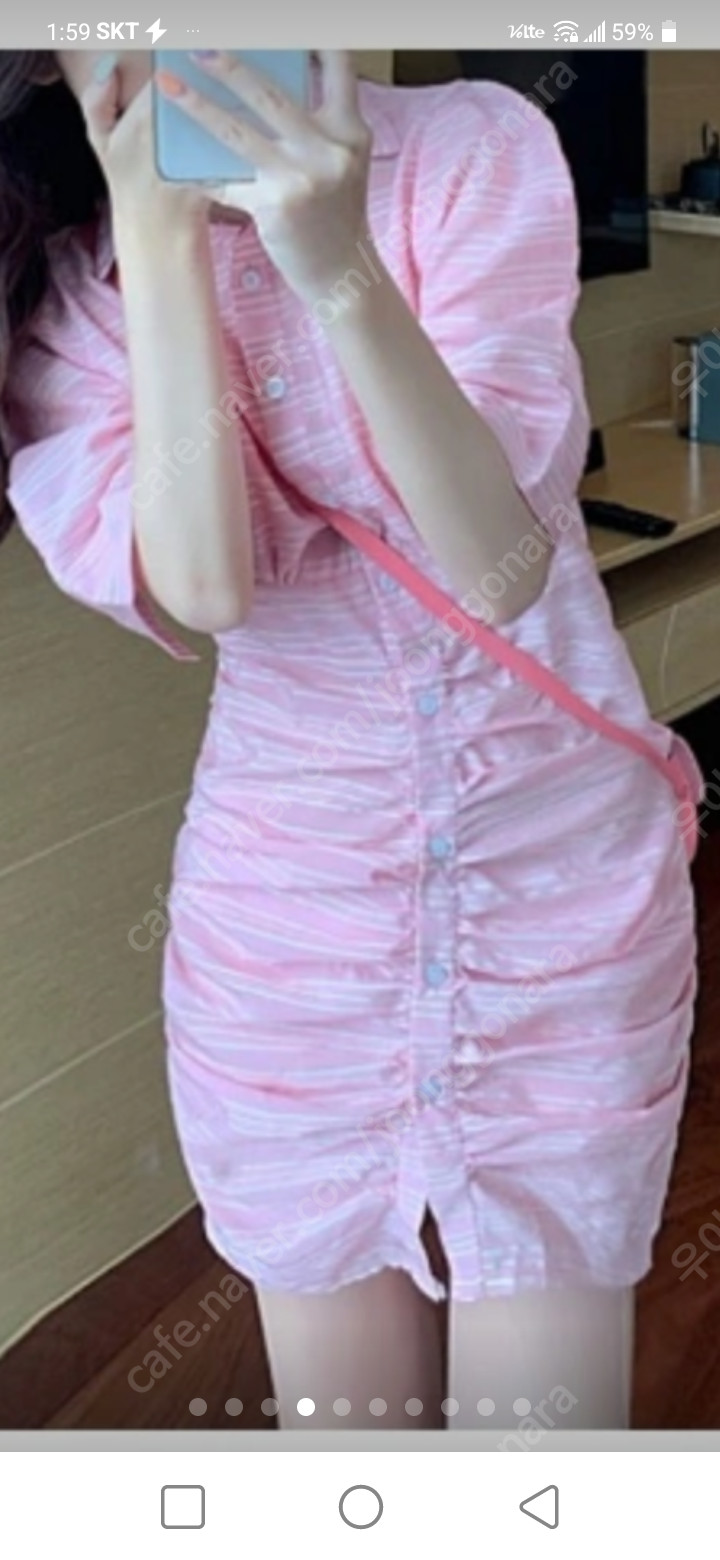 스트라이프 퍼프소매 셔링 미니원피스 이미지