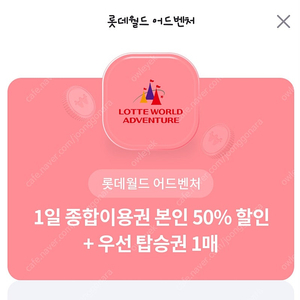 롯데월드 어드벤처 1일종합이용권 본인 50%할인 + 우선탑승권1매 천원