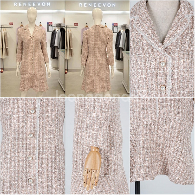 레니본 샤넬 진주 핑크 트위드 원피스--3