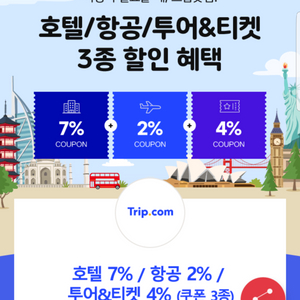 트립닷컴 호텔7%, 투어&티켓4%, 항공2%(쿠폰3종)