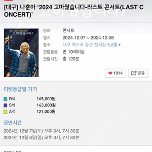 [대구] 나훈아 ‘2024 고마웠습니다-라스트 콘서트 12.8(일)19시30분S석(2자리) 36만원