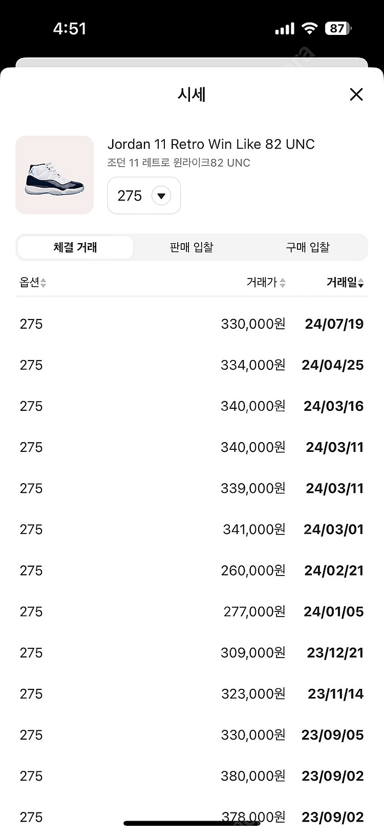 조던 11 레트로 윈라이크82 UNC / 275사이즈--5