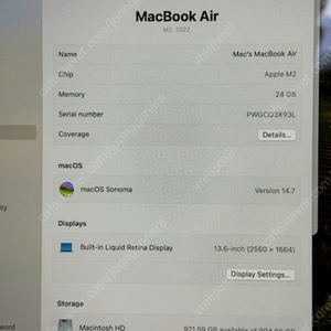 맥북에어 M2 2022년형 13.6인치 24GB RAM 램 24기가 SSD 1TB 풀옵CTo사양 판매합니다. 박스풀 A+급