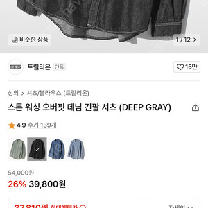 트릴리온 스톤 워싱 오버핏 데님 긴팔셔츠(DEEP GRAY)