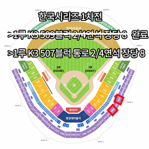 코시 한국시리즈 1차전 1루 K3 507블럭 통로 2/4연석 기아 삼성