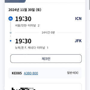 대한항공 비행기표 양도 합니다. 2024년 11월 30일 출발 인천(ICN) 도착 뉴욕(JFK)