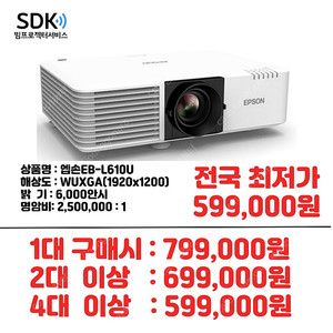 특가599,000원 엡손EB-L610U 중고빔프로젝터 회의용,업소용,가정용 택배 직거래 가능 팝니다.