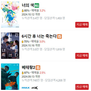 메가박스 CGV 롯데시네마 영화예매 8000원부터 콤보,팝콘,콜라 보통의가족,너의색,더러운돈에손대지마라,스마일2,6시간후너는죽는다,베테랑2,대도시의사랑법,와일드로봇,비긴어게인,사랑