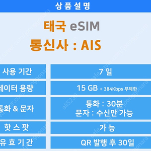 태국 유심 (qr다운로드 이심) esim 7일 15g 무제한데이터 통화30분