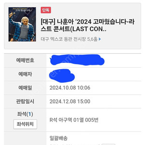 나훈아콘서트 대구(12월8일 3시) R석 1표