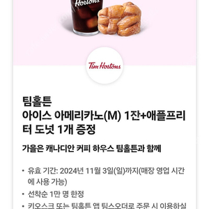 팀홀튼 아이스 아메리카노(M) 1잔+애플프리터 도넛 1개