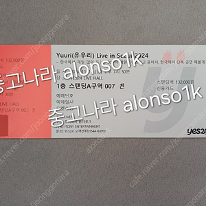 유우리 내한 콘서트 Yuuri 서울 공연 티켓 스탠딩 A구역 70번대 1자리 양도 판매