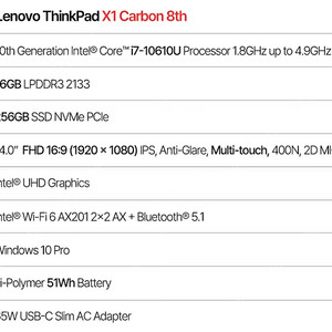 레노버 X1 Carbon Gen8 X1 카본 8세대 판매합니다(i7-10610U, 32GB, 256GB, Window 10)