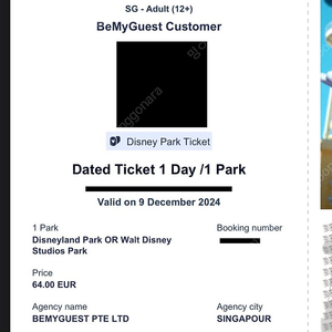12/9 파리 디즈니랜드 1일1파크 티켓 성인 1장