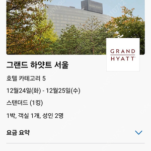 서울 그랜드 하얏트 라운지 이용 포함 크리스마스 이브 숙박권 판매 (12/24~12/25)