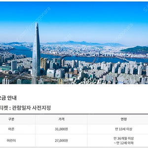 롯데월드타워 서울스카이 전망대 성인 이용권 입장권 팝니다.