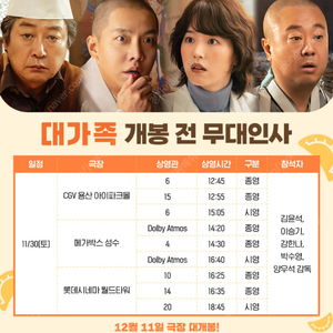 11/30(토) 대가족 개봉전 무대인사 연석 정가이하할인양도