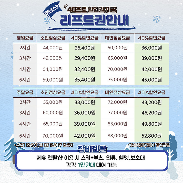 [지산]청년스키 성인,초등,유아 스키 보드 강습-3시간...--3