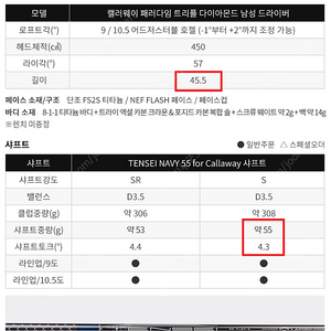 패러다임 TD 트리플다이아 스탁샤프트 텐세이 50S (캘러웨이 슬리브)