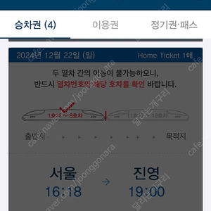 캐이티엑스 티켓 서울에서 진영12/22일 16:18분