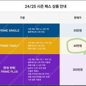 휘닉스파크, 휘팍스키시즌권 프라임패밀리 스키패스 미등록(자녀추가가능)