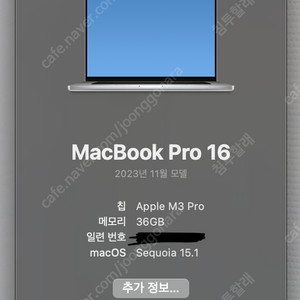 맥북 프로 16 m3 pro 36램 1TB 판매합니다