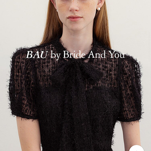 BAU by bride and you LILLE Feather lace ribbon tie short sleeve blouse (Black)