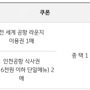 전세계 공항 라운지 이용권 1매 or 인천공항 식사권 2매(1만 6천원 이하 단일메뉴)