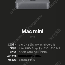 맥미니 2018 i3 128GB 36GB