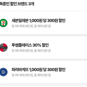 우주패스 세븐일레븐 투썸플레이스 파리바게뜨 1000원당 300원할인------>1500원 최대9천원할인