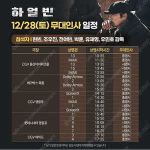 하얼빈 무대인사 12/28, 1/4~1/5, 1/11 cgv 롯데시네마 영등포 여의도 왕십리 용산아이파크몰 월드타워 건대입구 중블 통로 단석 연석 양도