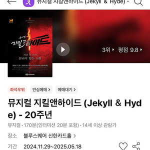 [연달력 포스터 수령 가능] 뮤지컬 지킬앤하이드 20주년 홍광호 윤공주 손지수 굿즈 1층 VIP 8열 2연석 @25.01.08 수