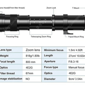 Lightdow 수동 망원 줌렌즈 420-800mm F8.3-16 블랙 렌즈 팝니다.(가격 내림)