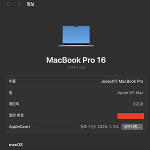 맥북 16인치 M1MAX/그래픽 32코어/2TB/32GB/애케플 1월 23일/ 판매합니다