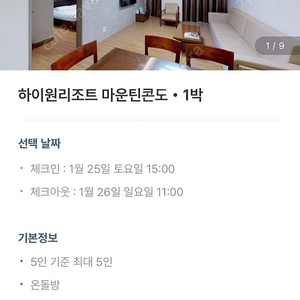 하이원 마운틴 숙소 그랜드 디럭스 1/25-26 1박 2일 양도