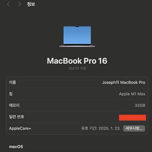 맥북 16인치 M1MAX/그래픽 32코어/2TB/32GB/애케플 1월 23일/ 판매합니다