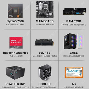 프리플로우 PC 컴퓨터 본체(라이젠5 7600, 32G램, 1TB, 800W), RTX4060TI 그래픽카드, 24GS60F LG 게이밍모니터