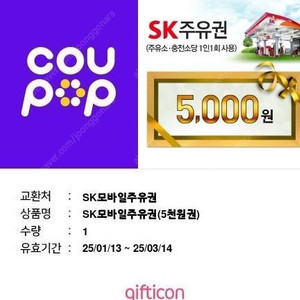 SK 주유권 (주유소,충전소 사용가능) 5천원권 2장 9200원 2025년 3월14일까지